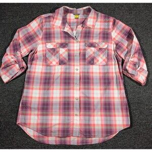 Eddie Bauer Shirt Womens L Pink Plaid Fishing Roll Tab Sleeves Lightweight